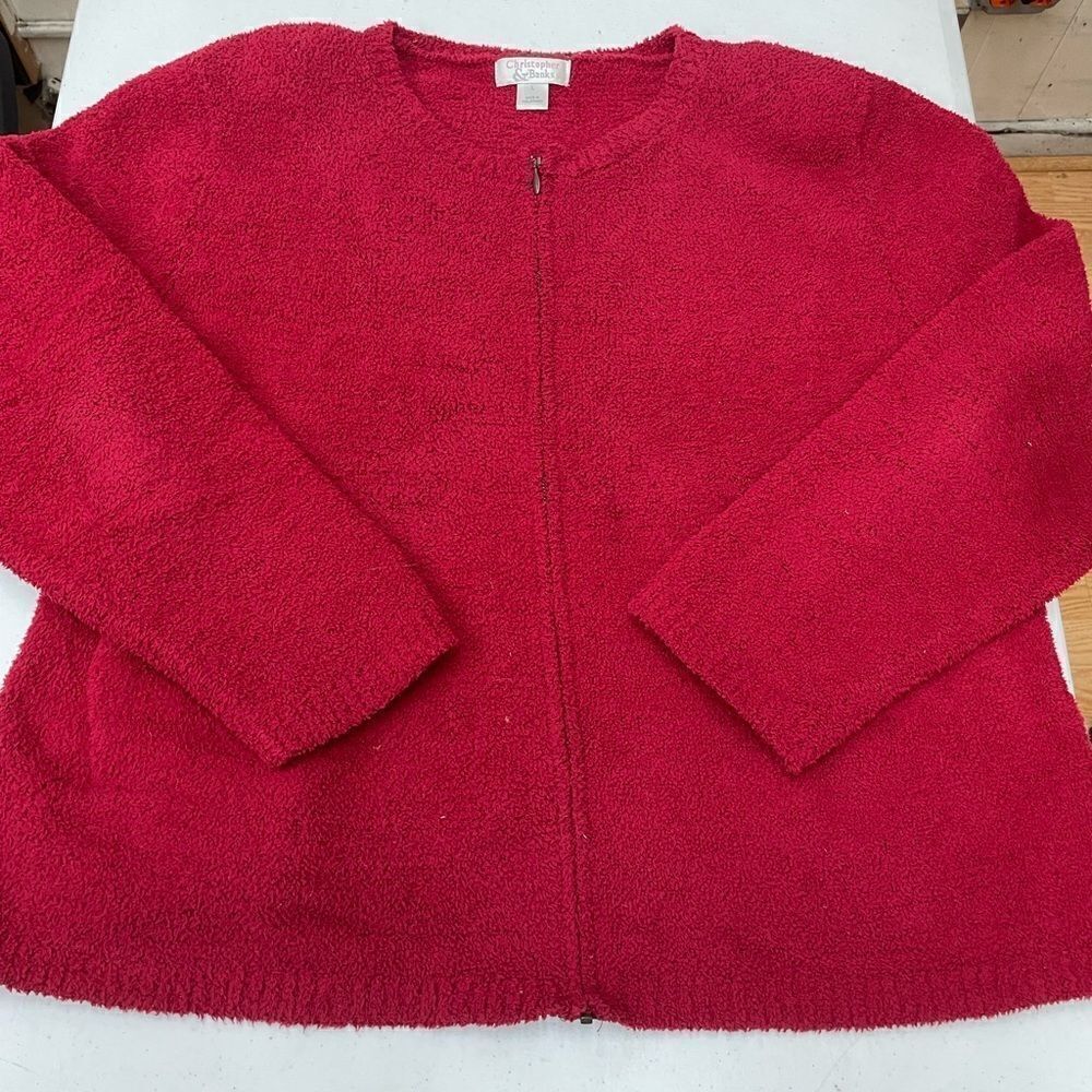 Christopher & Banks Red Long Sleeve Fuzzy Zip Up Sweater with Shoulder Pads